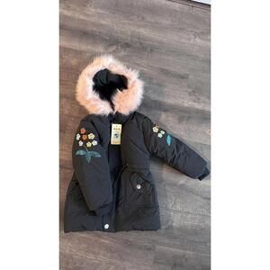 Changshu Mocheng Black Puffer Jacket XL Floral Embroidery Faux Fur Hood Winter